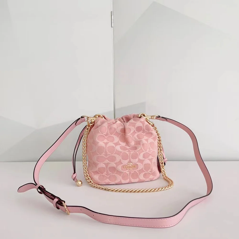 Coach Pink Signature Jacquard Mini Bucket Drawstring Crossbody Bag